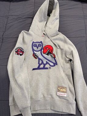 Mitchell & Ness Grey Crewneck Hoodie with Purple Owl and Red Raptor Graphic